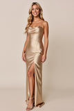 Gold Sheath Cowl Neck Satin Long Bridesmaid Dress with Slit