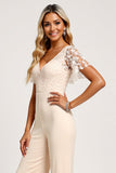 Apricot V-Neck Chiffon Bridesmaid Jumpsuit with Lace