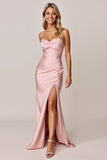 Blush Spaghetti Straps Sheath Satin Long Bridesmaid Dress with Slit
