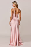Blush Spaghetti Straps Sheath Satin Long Bridesmaid Dress with Slit