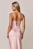 Blush Spaghetti Straps Sheath Satin Long Bridesmaid Dress with Slit