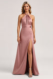 Halter Dusty Rose Sheath Satin Long Bridesmaid Dress with Slit