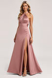 Halter Dusty Rose Sheath Satin Long Bridesmaid Dress with Slit
