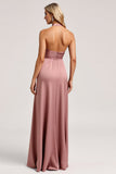 Halter Dusty Rose Sheath Satin Long Bridesmaid Dress with Slit