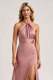 Halter Dusty Rose Sheath Satin Long Bridesmaid Dress with Slit