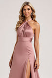 Halter Dusty Rose Sheath Satin Long Bridesmaid Dress with Slit