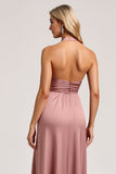 Halter Dusty Rose Sheath Satin Long Bridesmaid Dress with Slit