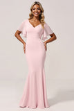 Mermaid Chiffon V-Neck Candy Pink Long Bridesmaid Dress with Sleeves
