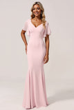 Mermaid Chiffon V-Neck Candy Pink Long Bridesmaid Dress with Sleeves