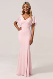 Mermaid Chiffon V-Neck Candy Pink Long Bridesmaid Dress with Sleeves