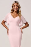 Mermaid Chiffon V-Neck Candy Pink Long Bridesmaid Dress with Sleeves