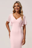 Mermaid Chiffon V-Neck Candy Pink Long Bridesmaid Dress with Sleeves