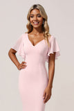 Mermaid Chiffon V-Neck Candy Pink Long Bridesmaid Dress with Sleeves