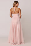 Halter Candy Pink A Line Sleeveless Long Bridesmaid Dress