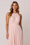 Halter Candy Pink A Line Sleeveless Long Bridesmaid Dress