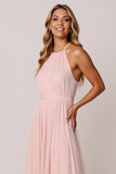 Halter Candy Pink A Line Sleeveless Long Bridesmaid Dress