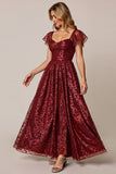 Cabernet A Line Applique Wedding Guest Dress with Short Sleeves