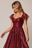 Cabernet A Line Applique Wedding Guest Dress with Short Sleeves