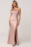One Shoulder Dusty Rose Sheath Satin Long Bridesmaid Dress