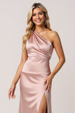 One Shoulder Dusty Rose Sheath Satin Long Bridesmaid Dress
