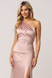 One Shoulder Dusty Rose Sheath Satin Long Bridesmaid Dress