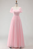 Candy Pink Chiffon A Line Square Neck Long Bridesmaid Dress