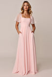 Candy Pink A Line Square Neck Chiffon Long Bridesmaid Dress