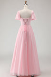 Candy Pink Chiffon A Line Square Neck Long Bridesmaid Dress