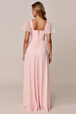 Candy Pink Chiffon A Line Square Neck Long Bridesmaid Dress