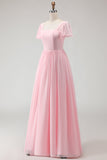 Candy Pink Chiffon A Line Square Neck Long Bridesmaid Dress