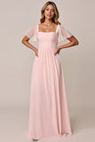 Candy Pink Chiffon A Line Square Neck Long Bridesmaid Dress