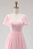 Candy Pink Chiffon A Line Square Neck Long Bridesmaid Dress