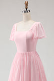 Candy Pink Chiffon A Line Square Neck Long Bridesmaid Dress