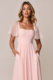 Candy Pink A Line Square Neck Chiffon Long Bridesmaid Dress