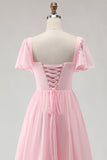 Candy Pink Chiffon A Line Square Neck Long Bridesmaid Dress
