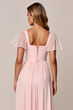 Candy Pink A Line Square Neck Chiffon Long Bridesmaid Dress