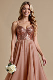 Sparkly Dusty Rose Sequins A Line Long Bridesmaid Dress