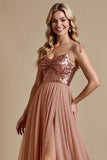 Sparkly Dusty Rose Sequins A Line Long Bridesmaid Dress
