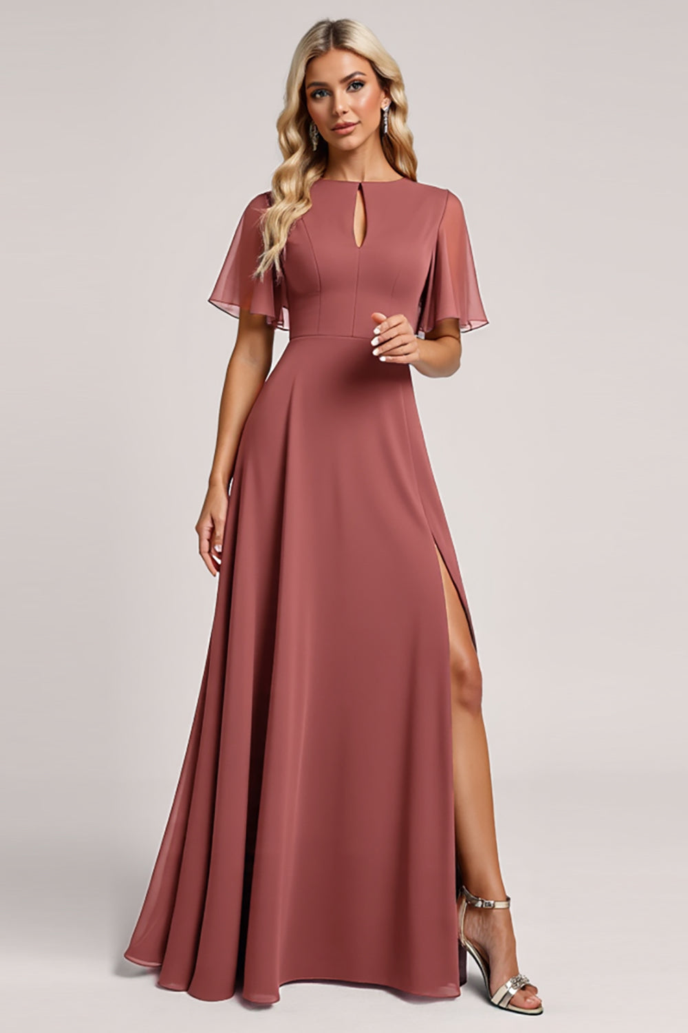 Vintage Mauve A Line Short Sleeves Chiffon Long Bridesmaid Dress with Slit