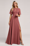 Vintage Mauve A Line Short Sleeves Chiffon Long Bridesmaid Dress with Slit