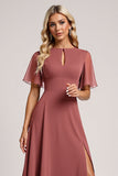 Vintage Mauve A Line Short Sleeves Chiffon Long Bridesmaid Dress with Slit