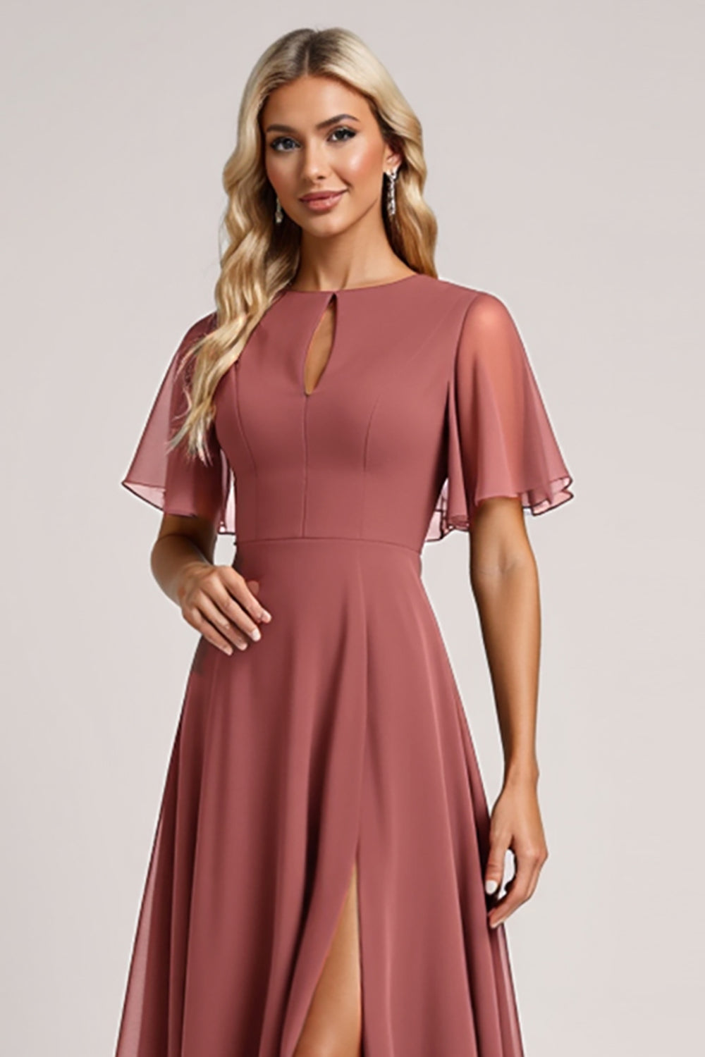Vintage Mauve A Line Short Sleeves Chiffon Long Bridesmaid Dress with Slit