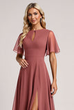 Vintage Mauve A Line Short Sleeves Chiffon Long Bridesmaid Dress with Slit