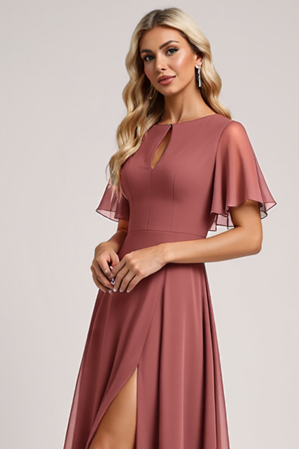 Vintage Mauve A Line Short Sleeves Chiffon Long Bridesmaid Dress with Slit