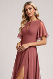 Vintage Mauve A Line Short Sleeves Chiffon Long Bridesmaid Dress with Slit
