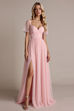 Candy Pink Short Sleeves A Line Long Bridesmaid Dress with Slit
