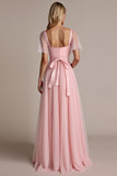 Candy Pink Short Sleeves A Line Long Bridesmaid Dress with Slit