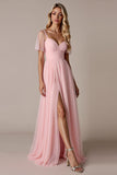 Candy Pink Short Sleeves A Line Long Bridesmaid Dress with Slit