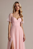 Candy Pink Short Sleeves A Line Long Bridesmaid Dress with Slit