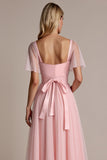 Candy Pink Short Sleeves A Line Long Bridesmaid Dress with Slit